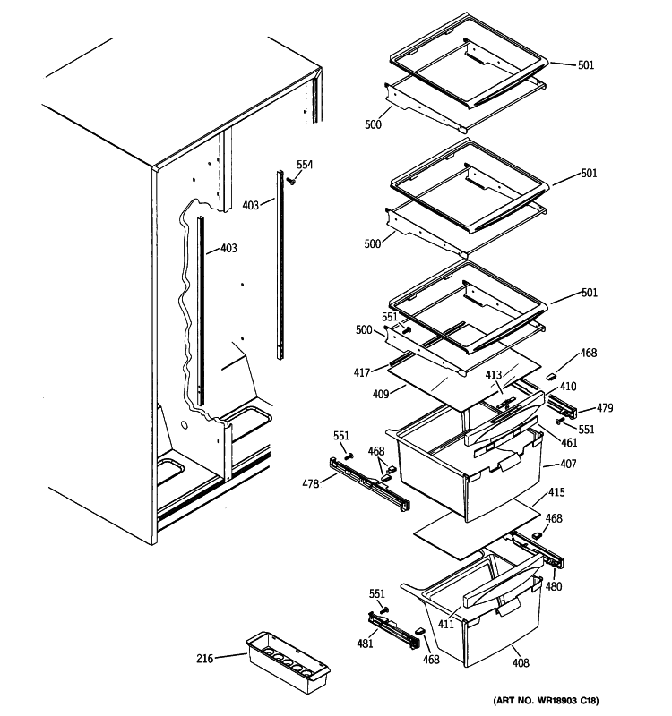 FRESH FOOD SHELVES Diagram and Parts List for GSE22KEWJFBB  General Electric Refrigerator