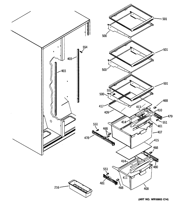 FRESH FOOD SHELVES Diagram and Parts List for GSE22KEWHFSS  General Electric Refrigerator