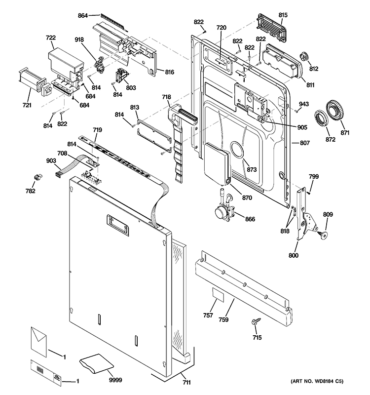 ESCUTCHEON & DOOR ASSEMBLY Diagram and Parts List for PDW9700N00II  General Electric Dishwasher