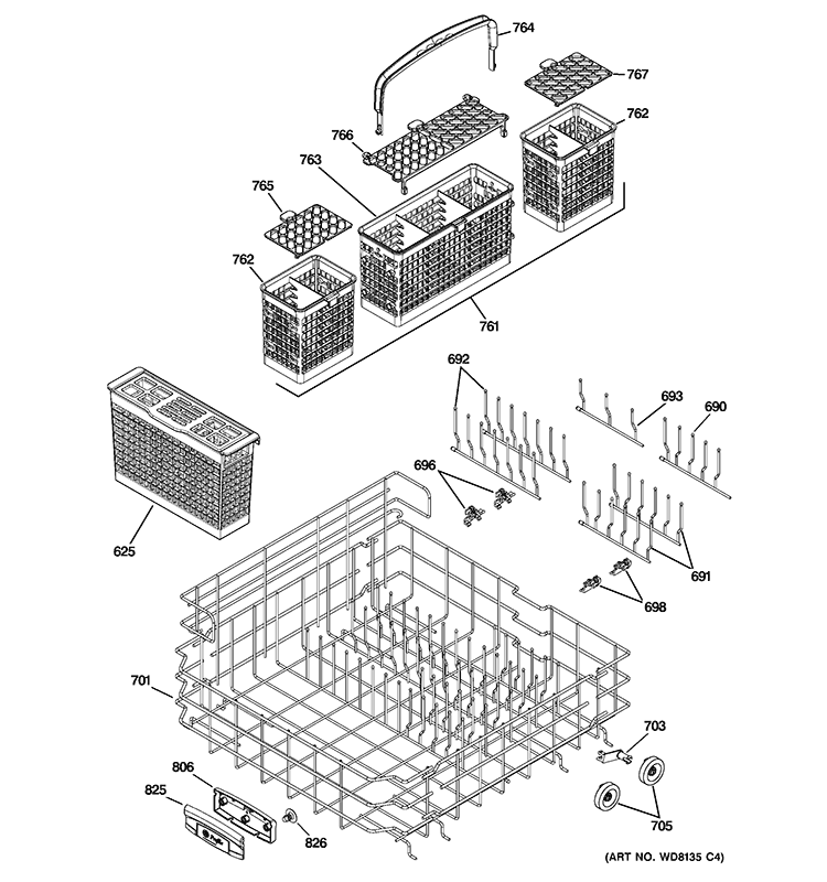 LOWER RACK ASSEMBLY Diagram and Parts List for PDW9700N00II  General Electric Dishwasher