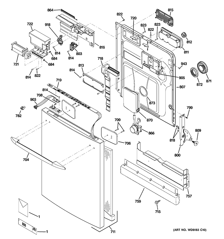 ESCUTCHEON & DOOR ASSEMBLY Diagram and Parts List for PDW9980N00SS  General Electric Dishwasher