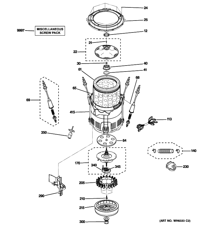 TUB, SUSPENSION & DRIVE COMPONENTS Diagram and Parts List for WPGT9150H0MG  General Electric Washer