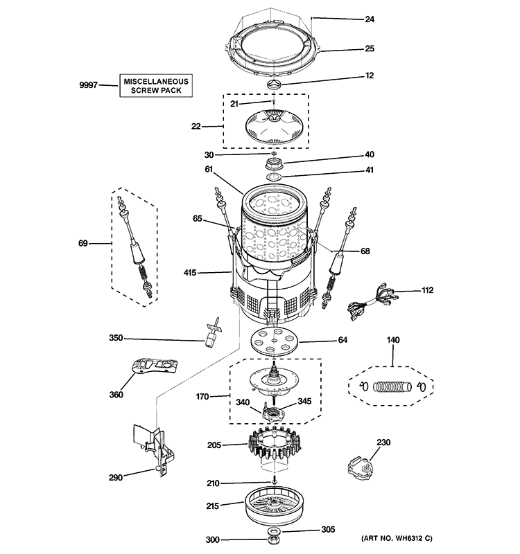 TUB, SUSPENSION & DRIVE COMPONENTS Diagram and Parts List for WPGT9350C0WW  General Electric Washer