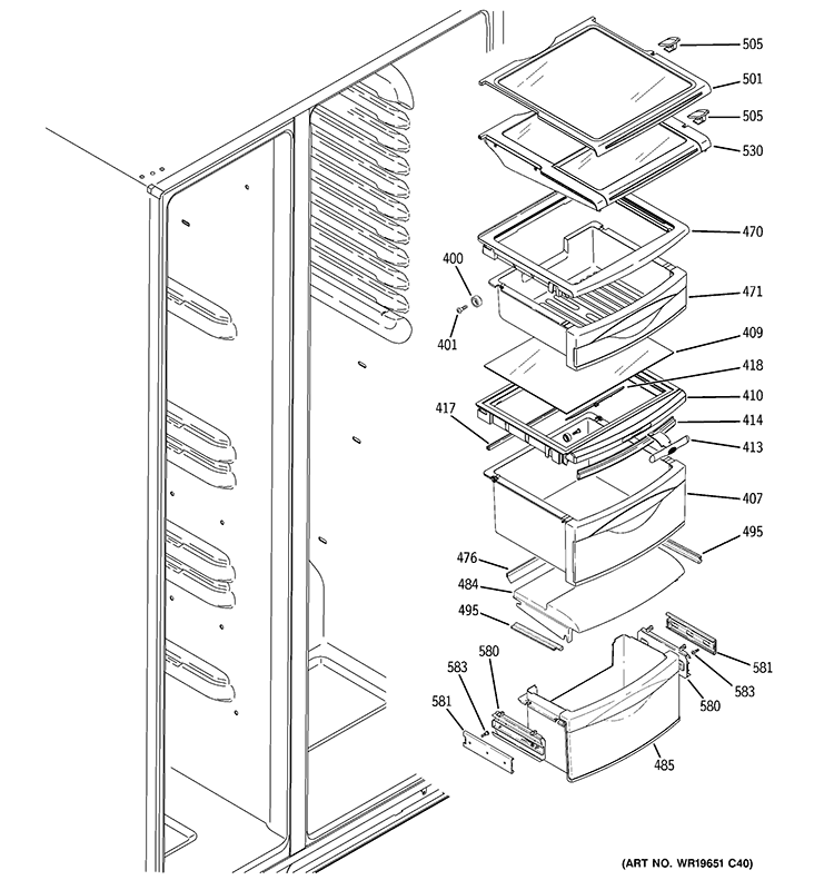 FRESH FOOD SHELVES Diagram and Parts List for PSC25MGTBBB  General Electric Refrigerator