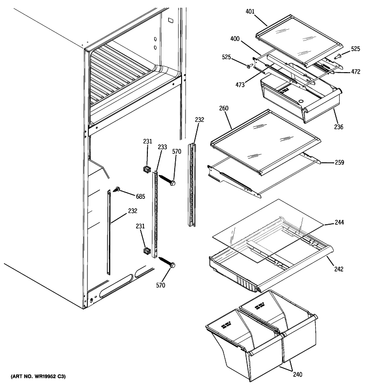FRESH FOOD SHELVES Diagram and Parts List for GTS18JCPXRWW  General Electric Refrigerator