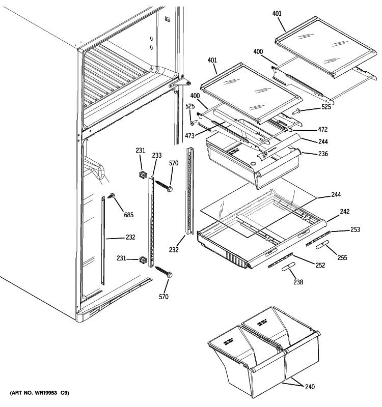 FRESH FOOD SHELVES Diagram and Parts List for GTS18KCPYRCC  General Electric Refrigerator