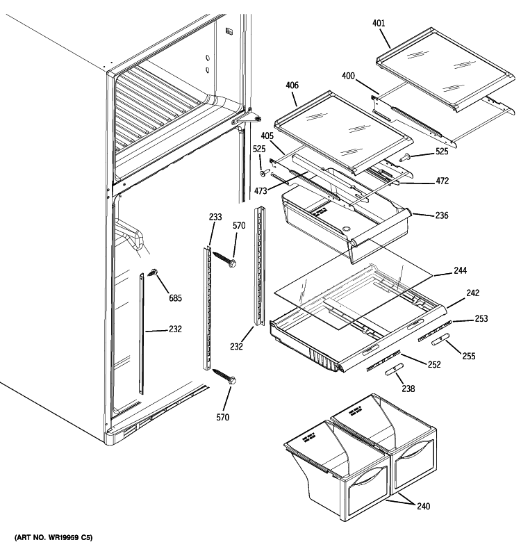 FRESH FOOD SHELVES Diagram and Parts List for GTS18WCPYRWW  General Electric Refrigerator