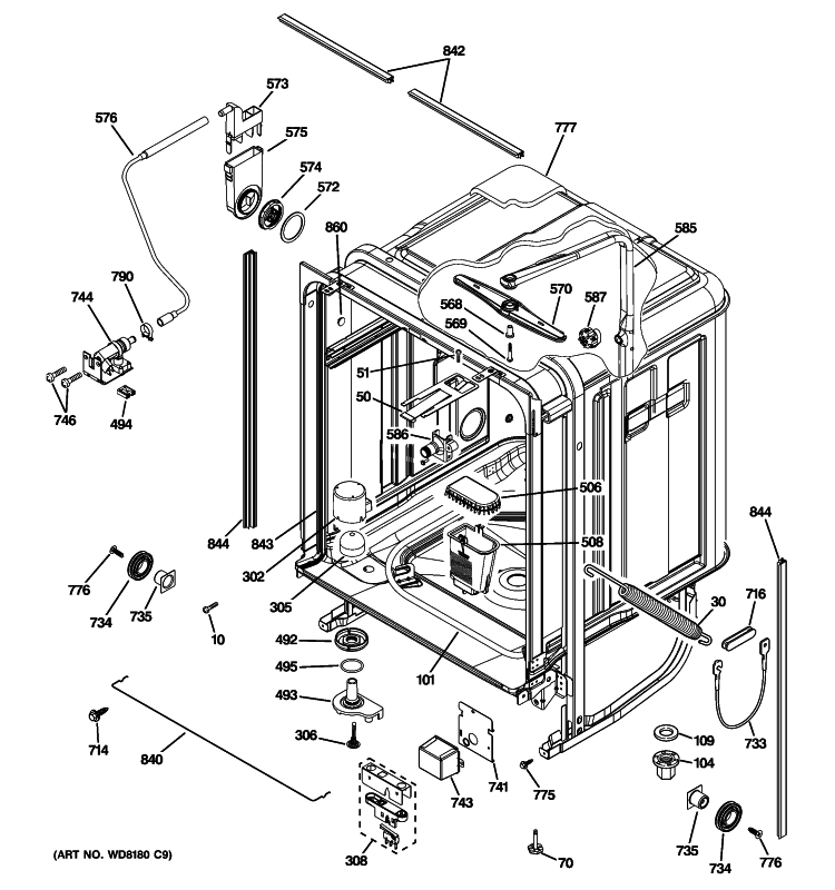 BODY PARTS Diagram and Parts List for PDWT280P00SS  General Electric Dishwasher