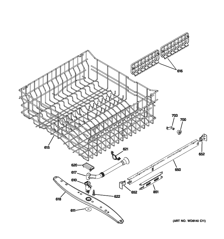 UPPER RACK ASSEMBLY Diagram and Parts List for PDWT280P00SS  General Electric Dishwasher