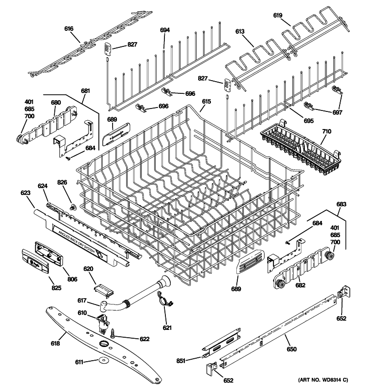 UPPER RACK ASSEMBLY Diagram and Parts List for PDWT500P00II  General Electric Dishwasher