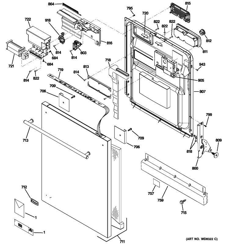 ESCUTCHEON & DOOR ASSSEMBLY Diagram and Parts List for ZBD6920P00SS  General Electric Dishwasher