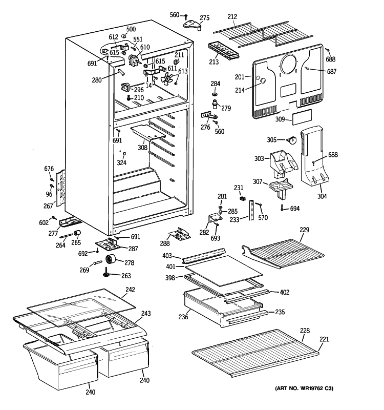 CABINET Diagram and Parts List for CTS18FBSBLWW  General Electric Refrigerator