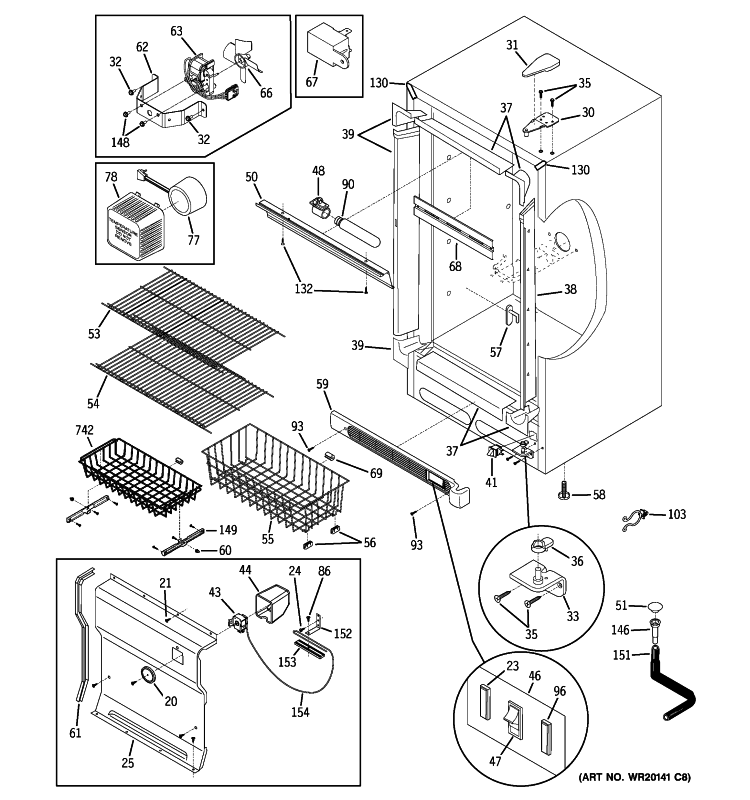 CABINET Diagram and Parts List for FUF20DUDRWW  General Electric Freezer