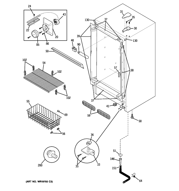 CABINET Diagram and Parts List for FUM17DTDRWH  General Electric Freezer