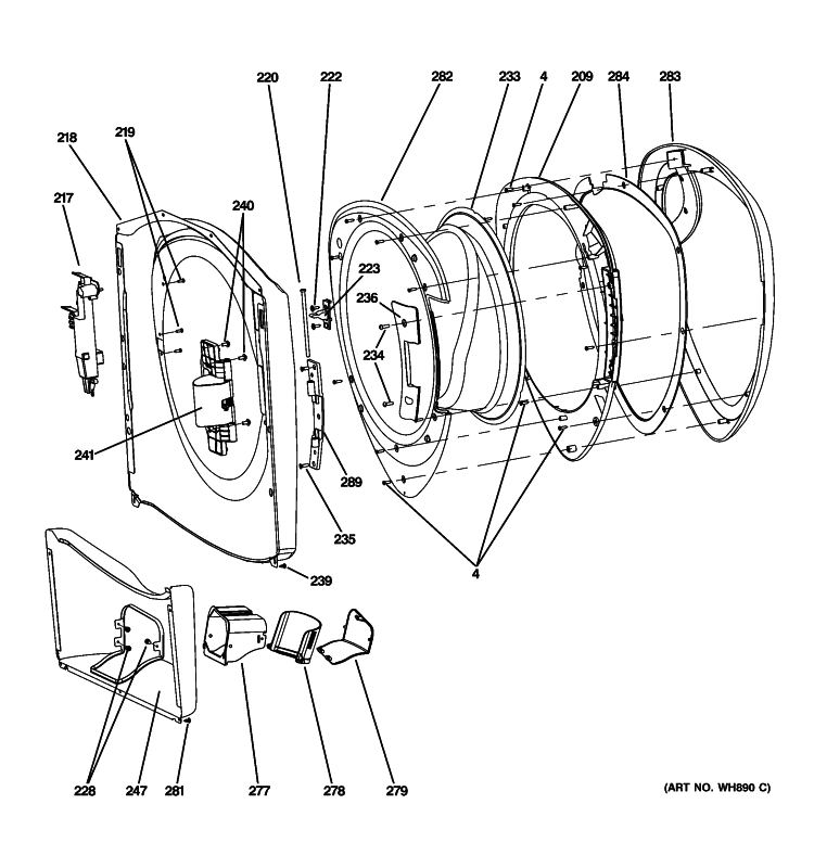 FRONT PANEL & DOOR Diagram and Parts List for WPDH8900J2MG  General Electric Washer