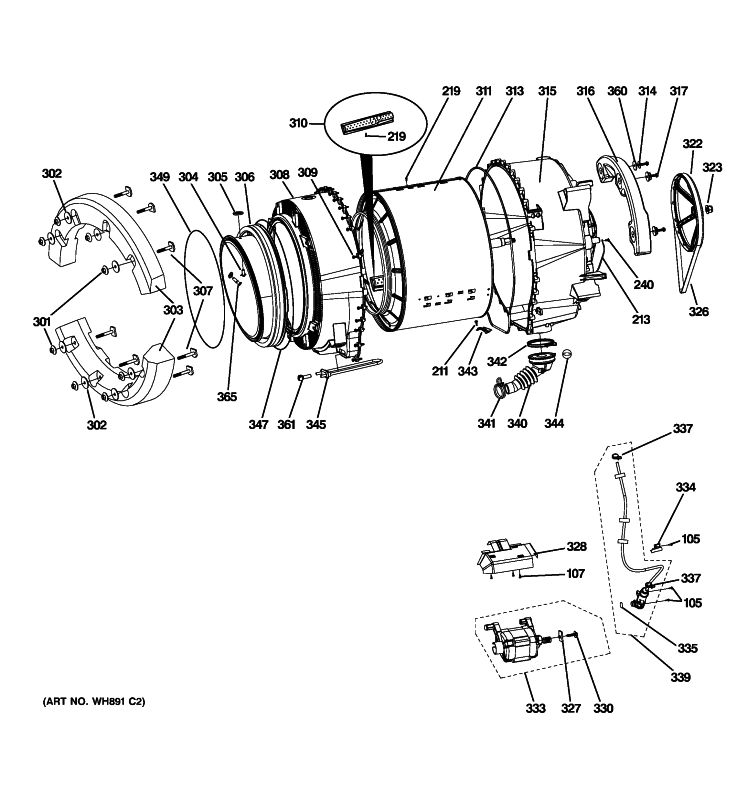 TUB & MOTOR Diagram and Parts List for WPDH8900J2MG  General Electric Washer