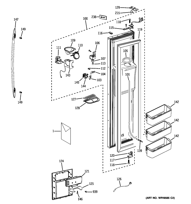 FREEZER DOOR Diagram and Parts List for PSB48YSXASS  General Electric Refrigerator