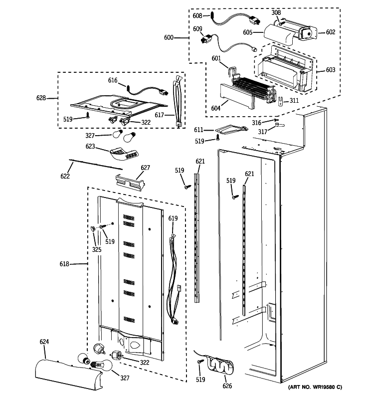 FRESH FOOD SECTION Diagram and Parts List for PSB48YSXASS  General Electric Refrigerator
