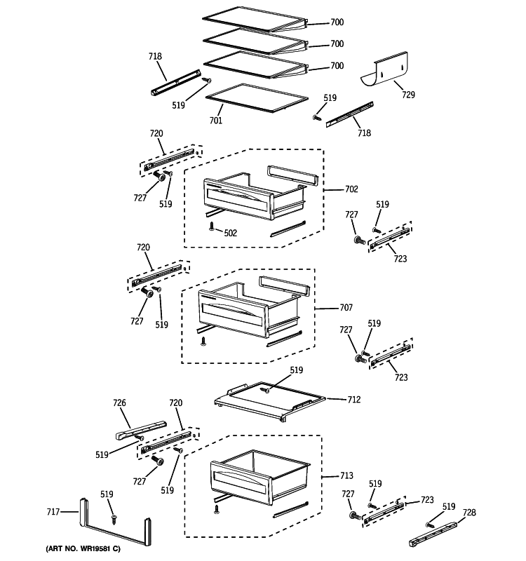 FRESH FOOD SHELVES Diagram and Parts List for PSB48YSXASS  General Electric Refrigerator