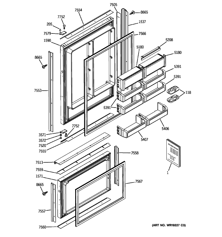 DOORS Diagram and Parts List for ZIC360NRJRH  General Electric Refrigerator