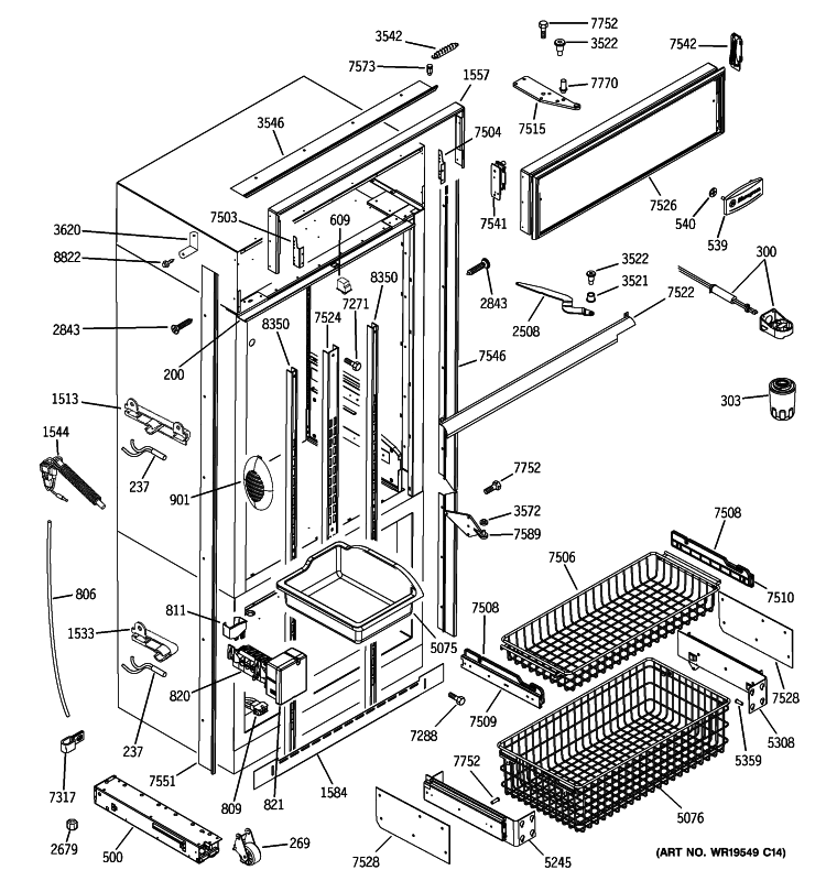 FREEZER SECTION, TRIM & COMPONENTS Diagram and Parts List for ZICP360SRFSS  General Electric Refrigerator