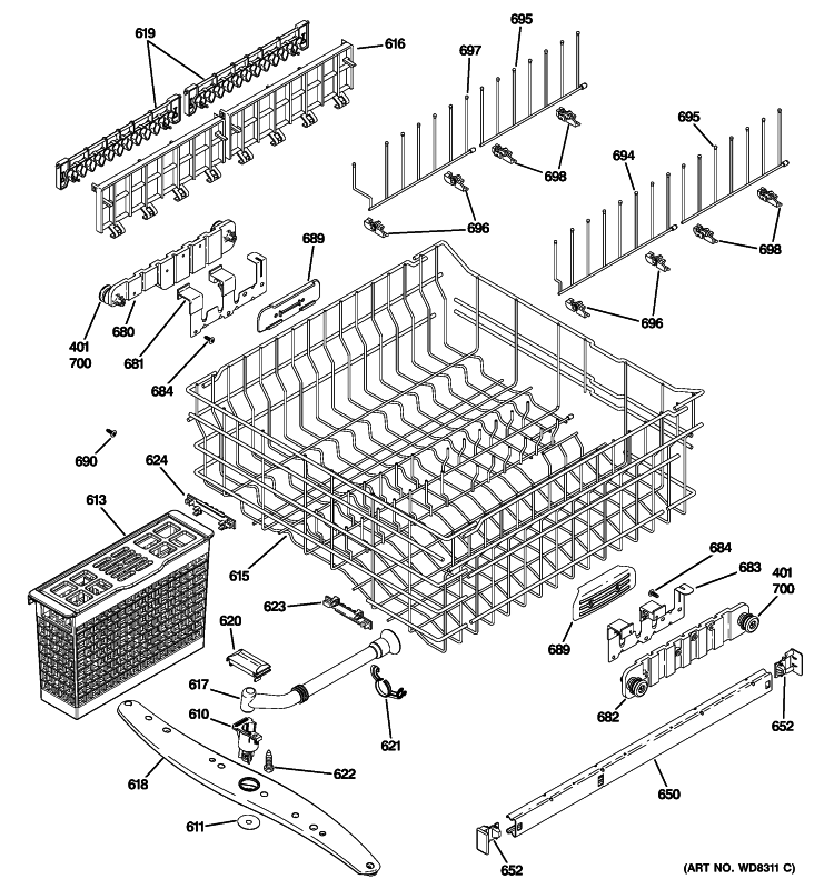 UPPER RACK ASSEMBLY Diagram and Parts List for PDW7800P00CC  General Electric Dishwasher