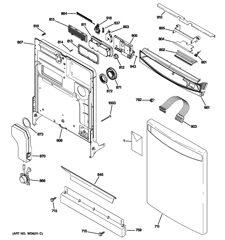 ESCUTCHEON & DOOR ASSEMBLY Diagram and Parts List for PDW7980P00SS  General Electric Dishwasher