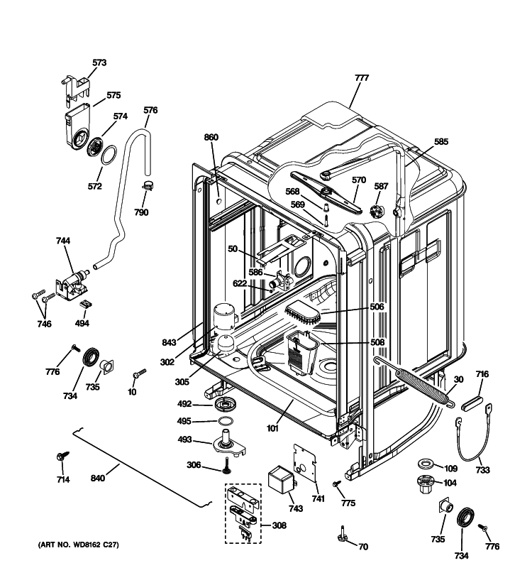 BODY PARTS Diagram and Parts List for PDWF280P00SS  General Electric Dishwasher