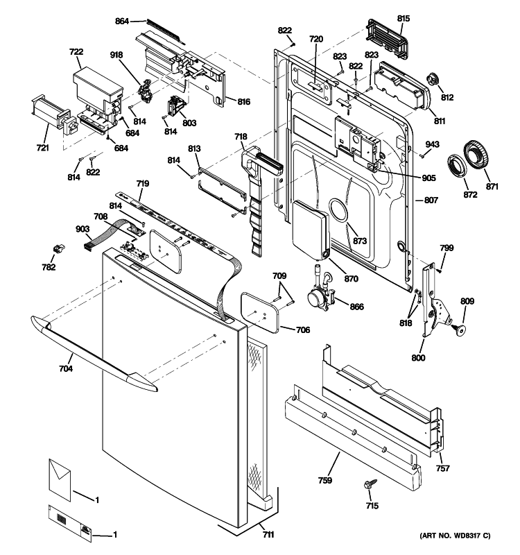 ESCUTCHEON & DOOR ASSSEMBLY Diagram and Parts List for PDWT500P00WW  General Electric Dishwasher