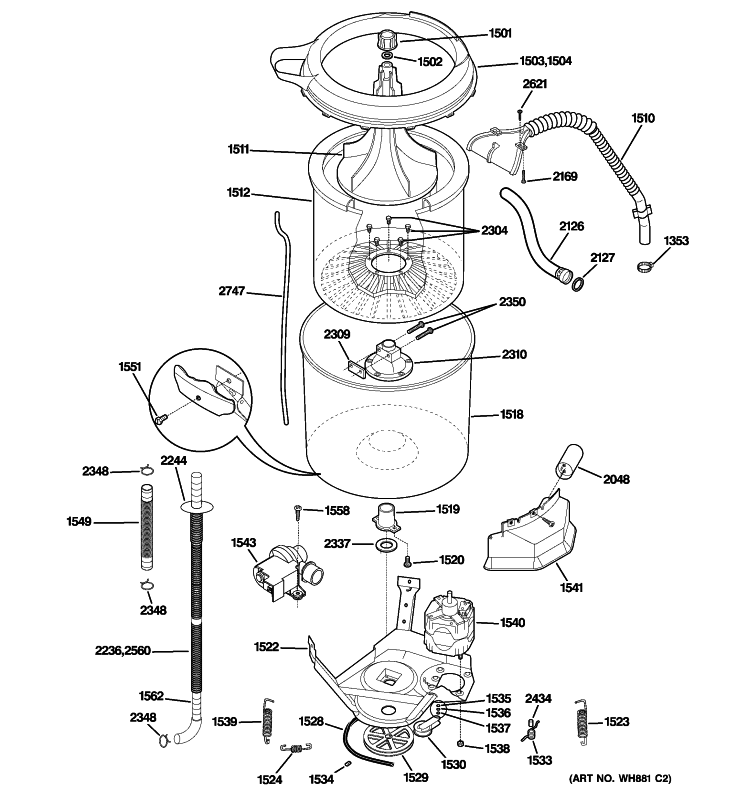 TUB & MOTOR Diagram and Parts List for WSM2780HCWWW  General Electric Washer Dryer Combo