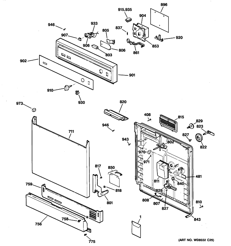 ESCUTCHEON & DOOR ASSEMBLY Diagram and Parts List for HDA2120Z00BB  Hotpoint Dishwasher