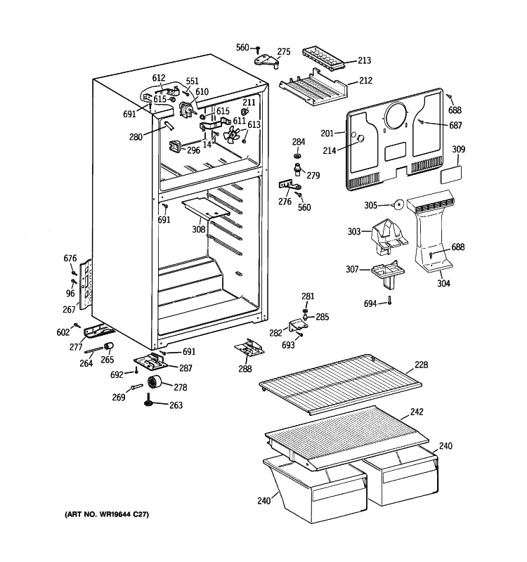 CABINET Diagram and Parts List for HTS17CBTDRWW  Hotpoint Refrigerator