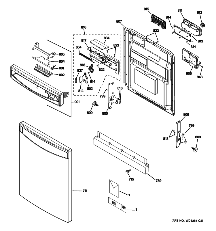 ESCUTCHEON & DOOR ASSSEMBLY Diagram and Parts List for PDWF580P00SS  General Electric Dishwasher