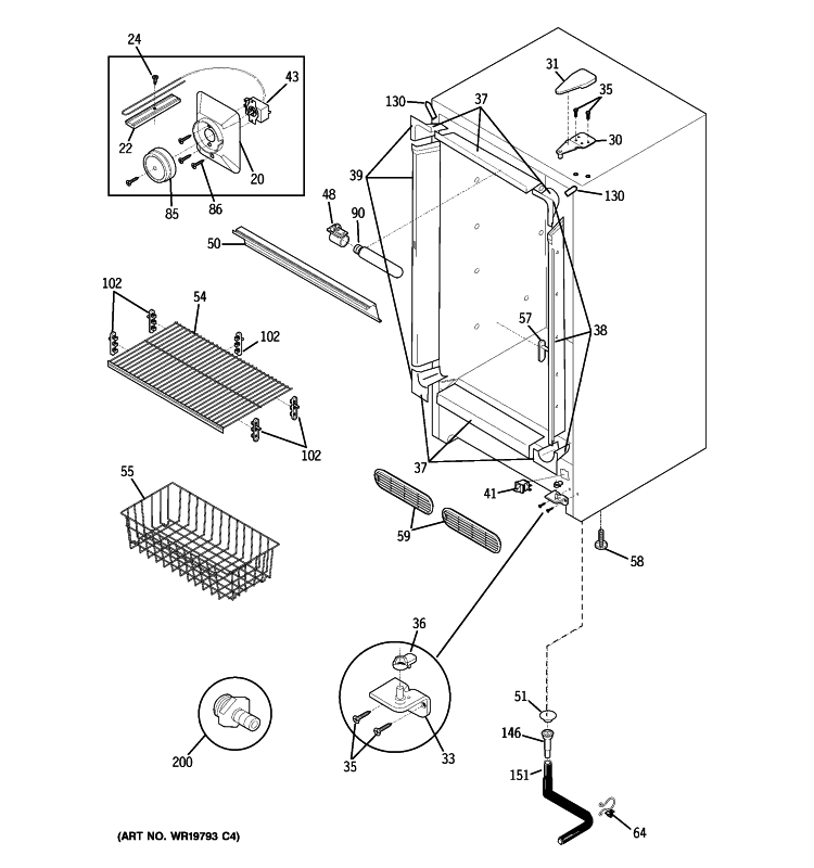 CABINET Diagram and Parts List for FUM14DTCRWH  General Electric Freezer