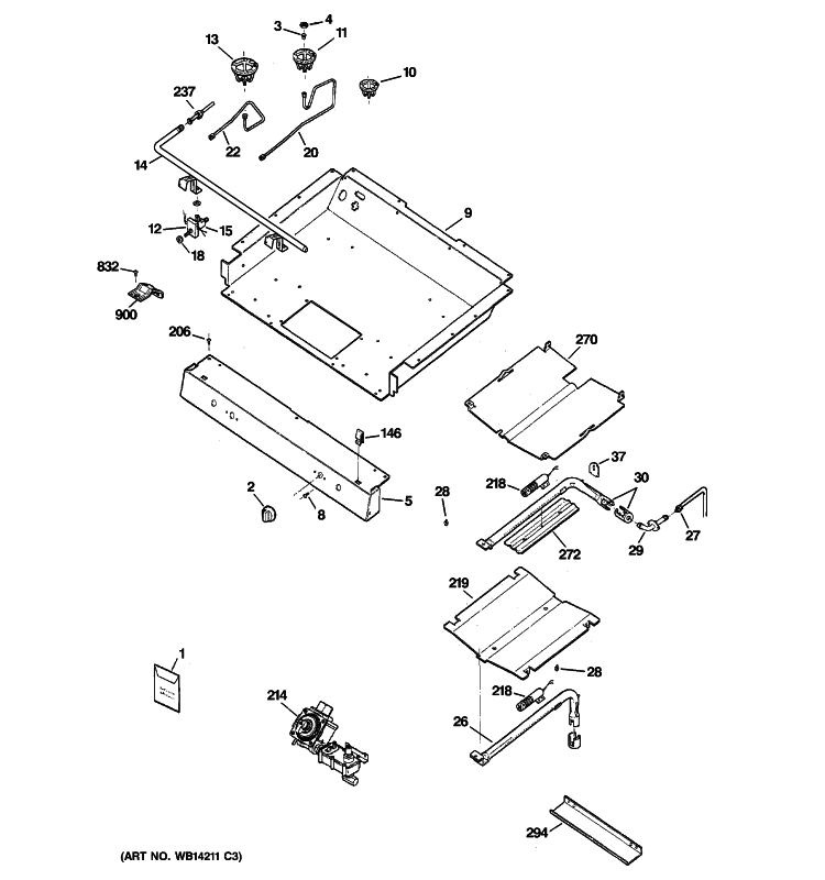 GAS & BURNER PARTS Diagram and Parts List for JGBP28DEM5WW  General Electric Range