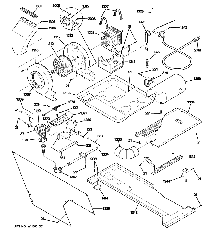 MOTOR, BLOWER & BELT Diagram and Parts List for WSM2780HBWWW  General Electric Washer Dryer Combo