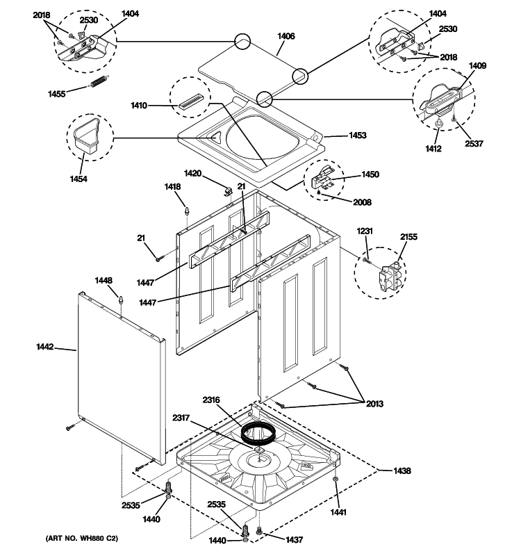 CABINET & TOP PANEL Diagram and Parts List for WSM2780HBWWW  General Electric Washer Dryer Combo