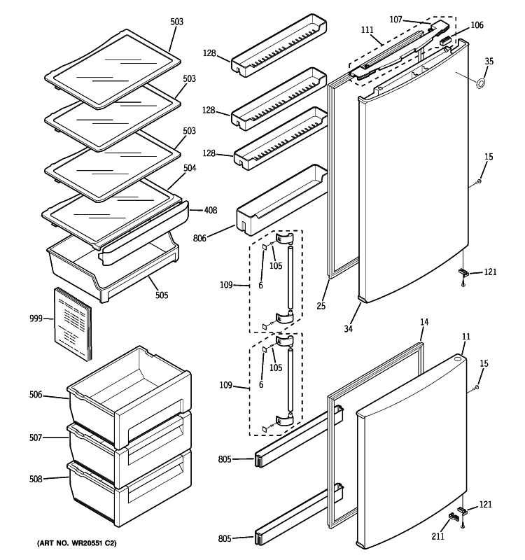 DOORS & SHELVES Diagram and Parts List for GBC12IAXARSS  General Electric Refrigerator