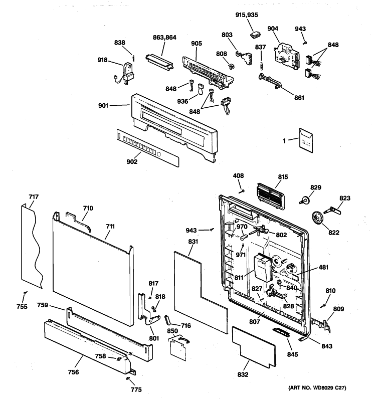 ESCUTCHEON & DOOR ASSEMBLY Diagram and Parts List for GSD5620D02BB  General Electric Dishwasher