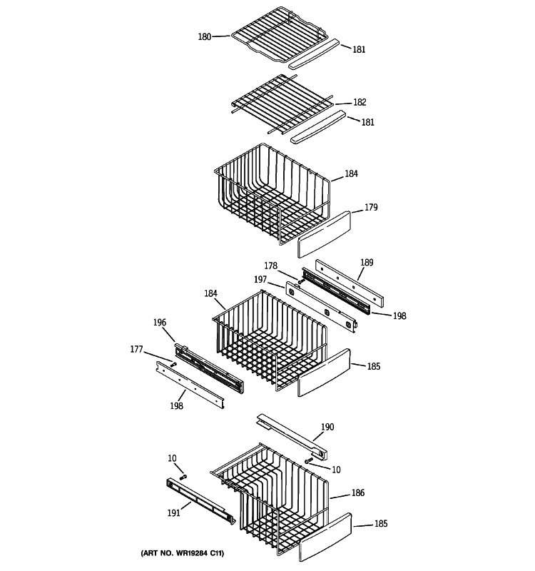 FREEZER SHELVES Diagram and Parts List for PSE25NGTJCWW  General Electric Refrigerator