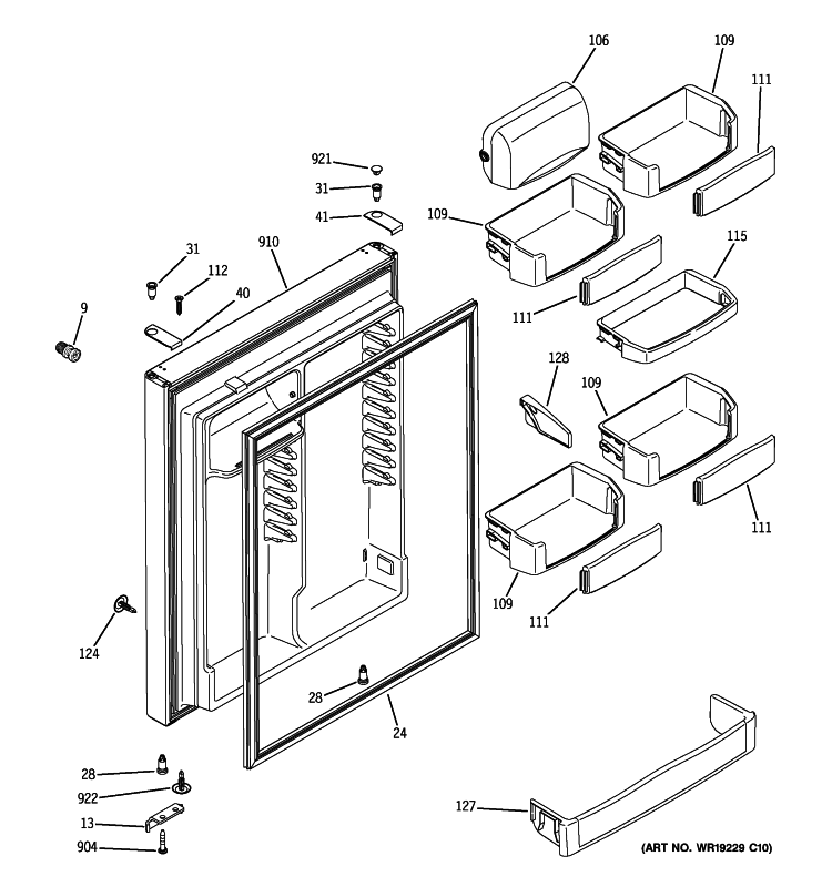 FRESH FOOD DOOR Diagram and Parts List for PTE22SBTJRSS  General Electric Refrigerator