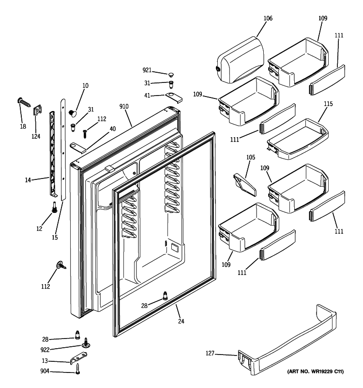FRESH FOOD DOOR Diagram and Parts List for PTE25SBTJRBS  General Electric Refrigerator