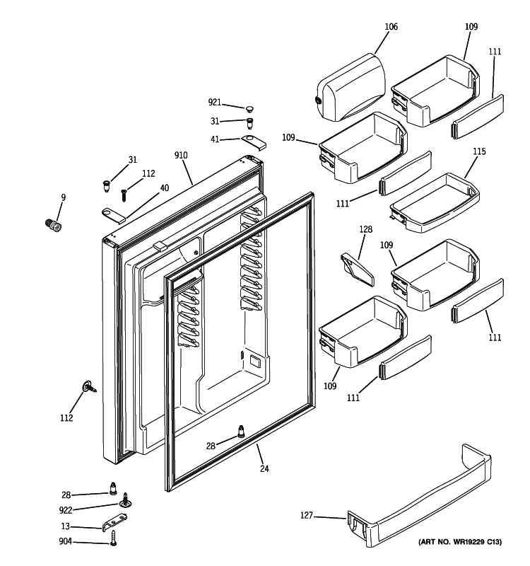 FRESH FOOD DOOR Diagram and Parts List for PTE25SBTJRSS  General Electric Refrigerator