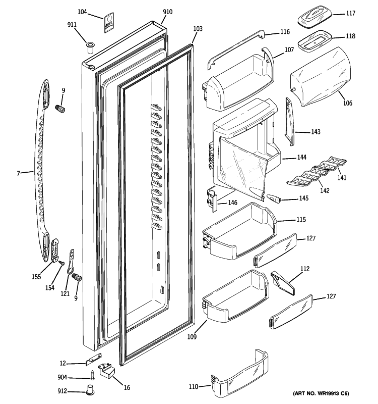 FRESH FOOD DOOR Diagram and Parts List for PHE25YGXAFBB  General Electric Refrigerator