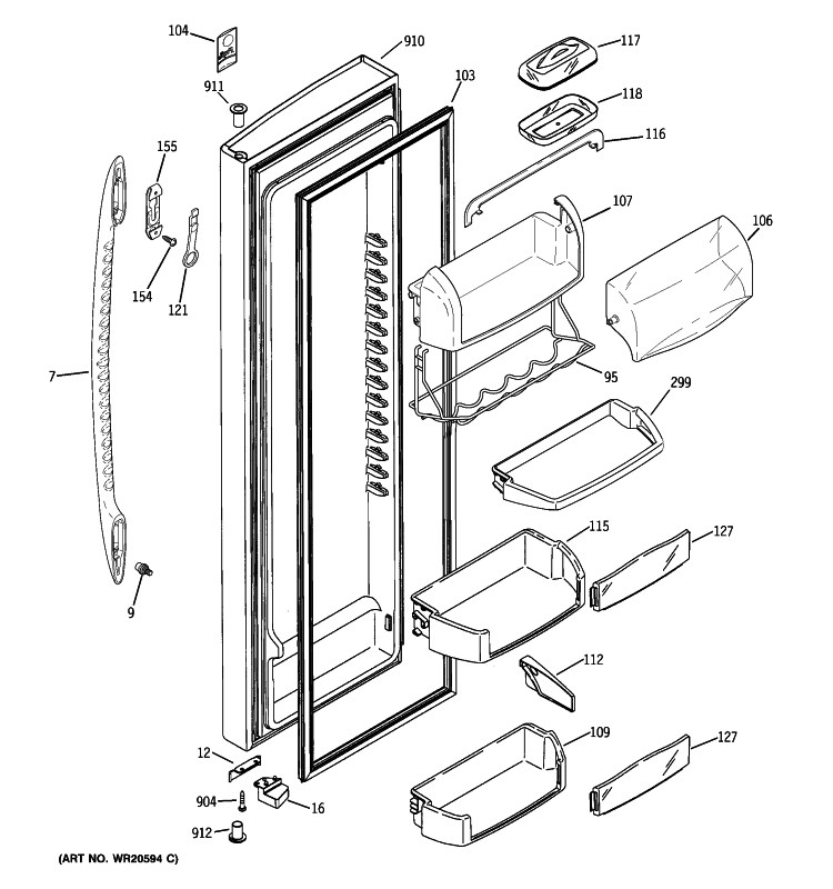 FRESH FOOD DOOR Diagram and Parts List for PSE25VGXACWW  General Electric Refrigerator