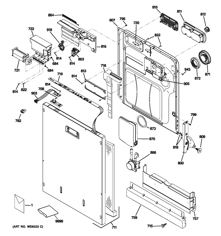 ESCUTCHEON & DOOR ASSEMBLY Diagram and Parts List for ZBD8900P10II  General Electric Dishwasher