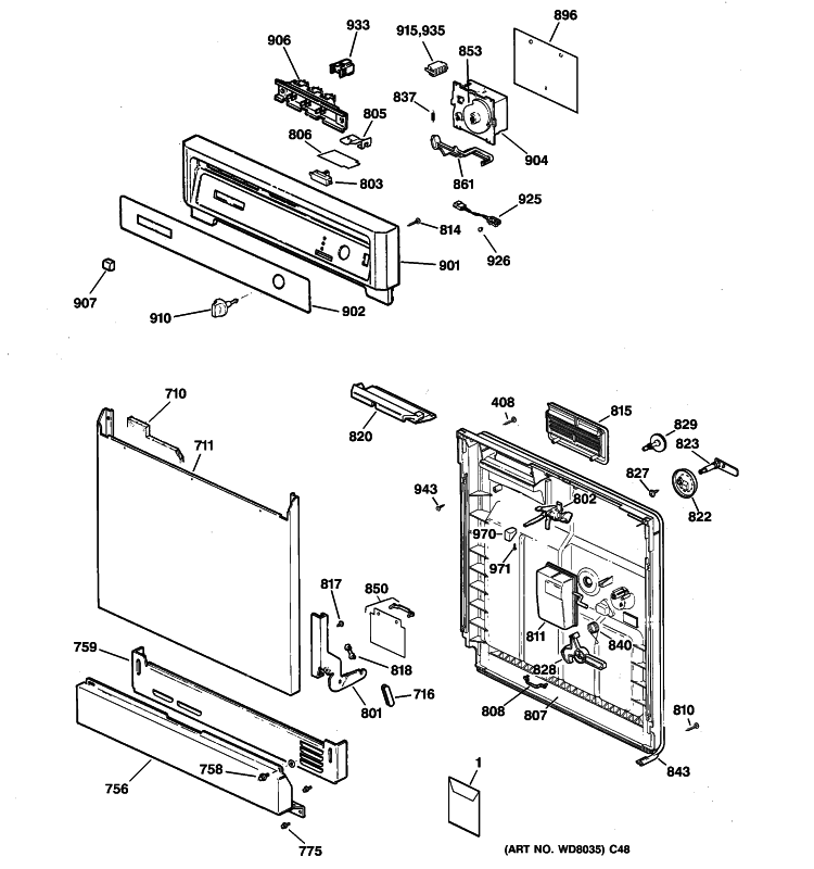 ESCUTCHEON & DOOR ASSEMBLY Diagram and Parts List for GSD3330C06WW  General Electric Dishwasher