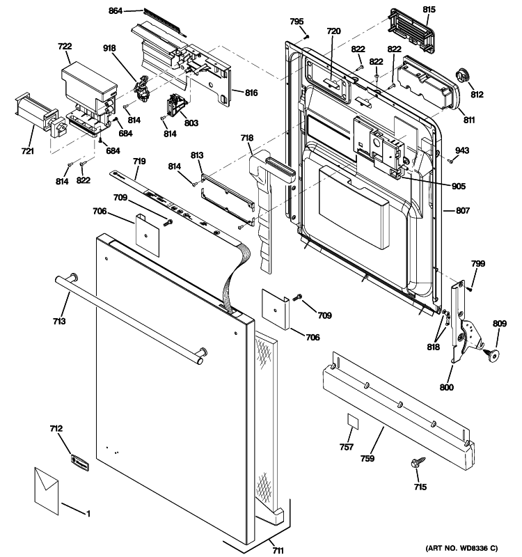 ESCUTCHEON & DOOR ASSEMBLY Diagram and Parts List for ZBD6920P10SS  General Electric Dishwasher