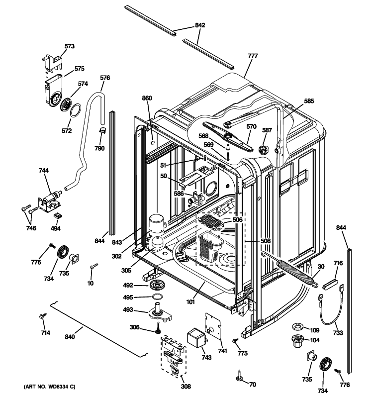 BODY PARTS Diagram and Parts List for ZBD6920P10SS  General Electric Dishwasher