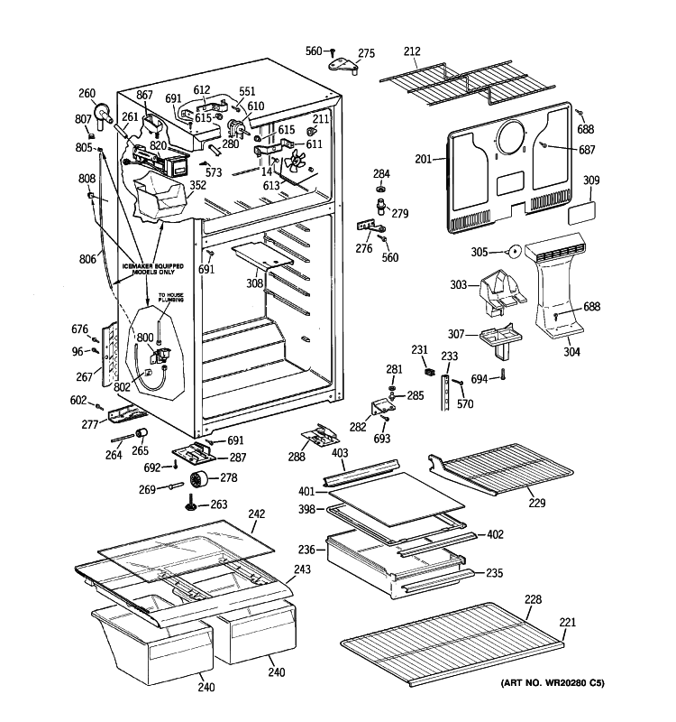 CABINET Diagram and Parts List for GTS17FCSDRWW  General Electric Refrigerator